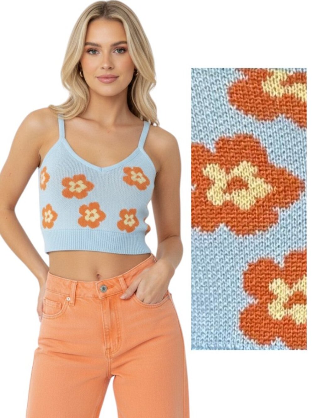 ZARA Knit Crop Top Blue Orange Floral Cami S